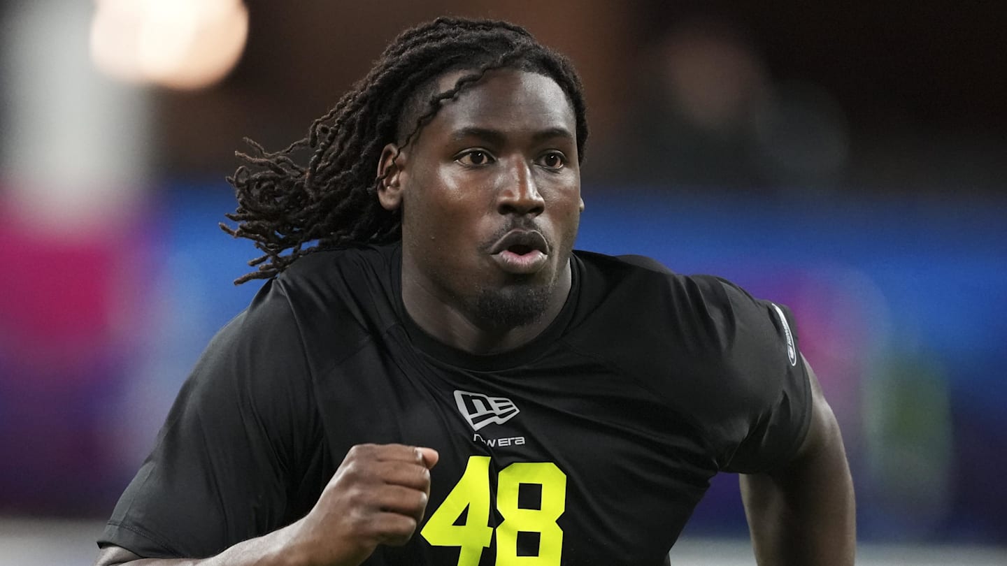 Feb 26, 2026; Indianapolis, IN, USA; UCF defensive lineman Malachi Lawrence (DL48 during the NFL Scouting Combine  at Lucas Oil Stadium. Mandatory Credit: Kirby Lee-Imagn Images