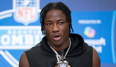 Former Nebraska running back Emmett Johnson speaks to members of the media during the NFL Combine.