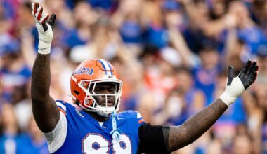 Florida Gators defensive lineman Caleb Banks (88) hypes the crowd during the first half against the Vanderbilt Commodores at Steve Spurrier Field at Ben Hill Griffin Stadium in Gainesville, FL on Saturday, October 7, 2023. [Matt Pendleton/Gainesville Sun]