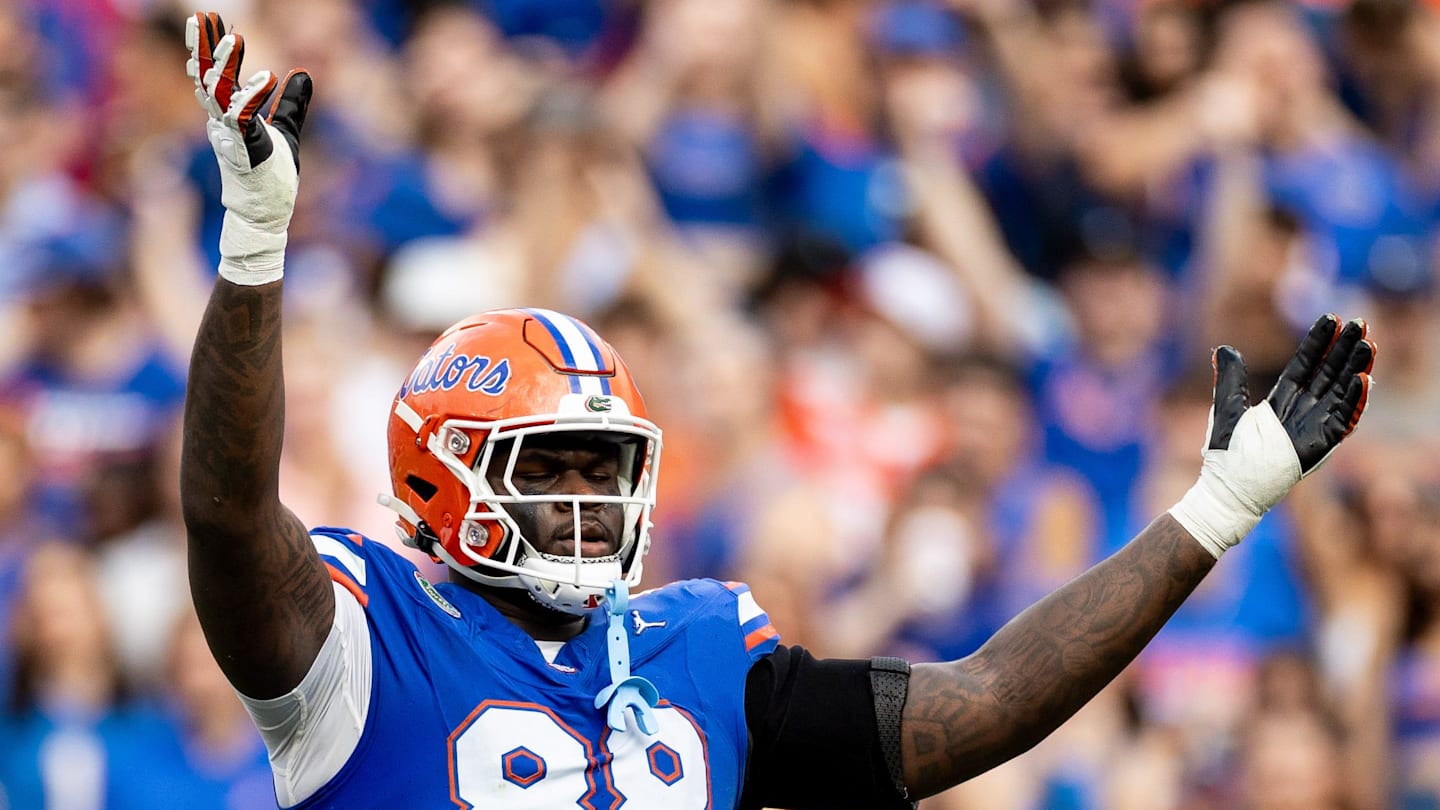 Florida Gators defensive lineman Caleb Banks (88) hypes the crowd during the first half against the Vanderbilt Commodores at Steve Spurrier Field at Ben Hill Griffin Stadium in Gainesville, FL on Saturday, October 7, 2023. [Matt Pendleton/Gainesville Sun]