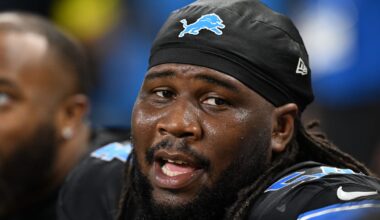 Oct 20, 2025; Detroit, Michigan, USA; Detroit Lions defensive tackle Alim McNeill (54) on the bench against the Tampa Bay Buccaneers during the first half at Ford Field.