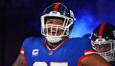 Dec 11, 2023; East Rutherford, New Jersey, USA; New York Giants defensive tackle Dexter Lawrence II (97) looks on before the game against the Green Bay Packers at MetLife Stadium. Mandatory Credit: Vincent Carchietta-Imagn Images