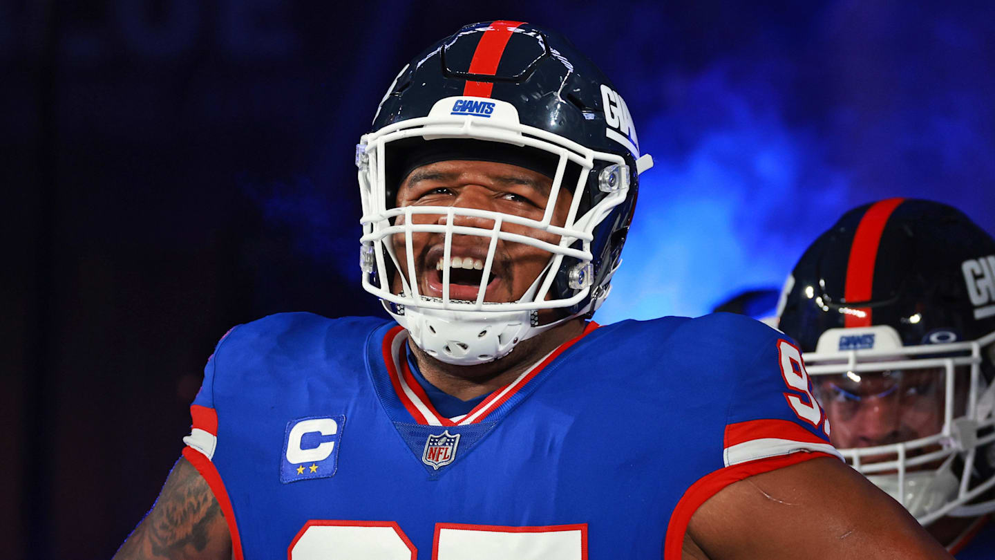 Dec 11, 2023; East Rutherford, New Jersey, USA; New York Giants defensive tackle Dexter Lawrence II (97) looks on before the game against the Green Bay Packers at MetLife Stadium. Mandatory Credit: Vincent Carchietta-Imagn Images