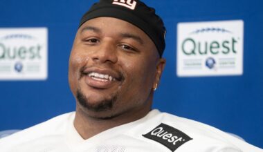 New York Giants defensive tackle Dexter Lawrence II (97) speaks at a press conference during day one of the New York Giants training camp at Quest Diagnostics Giants Training Center in East Rutherford on Wednesday, July 23, 2025.