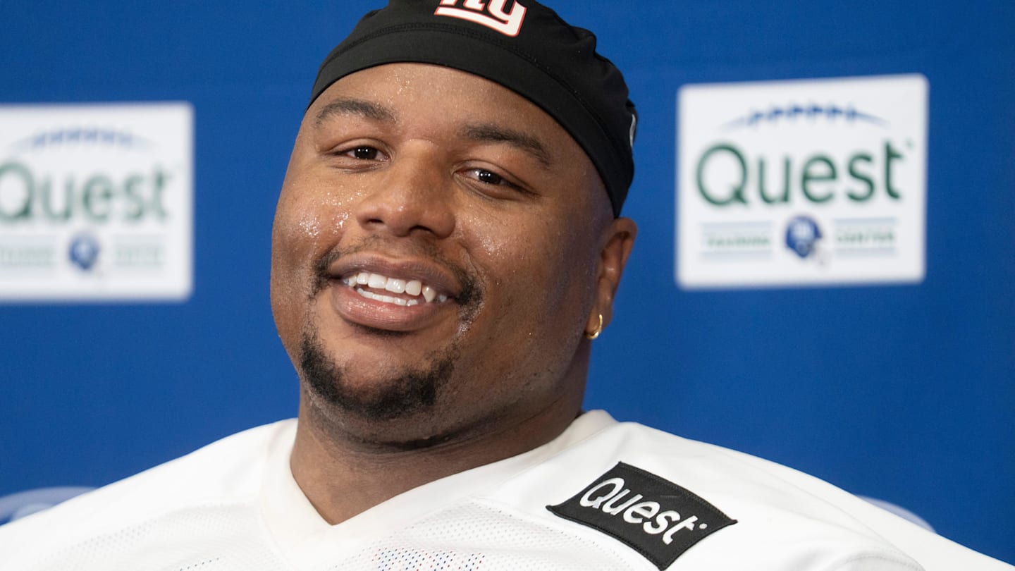New York Giants defensive tackle Dexter Lawrence II (97) speaks at a press conference during day one of the New York Giants training camp at Quest Diagnostics Giants Training Center in East Rutherford on Wednesday, July 23, 2025.
