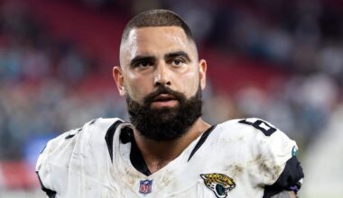 Nov 23, 2025; Glendale, Arizona, USA; Jacksonville Jaguars offensive lineman Patrick Mekari (65) against the Arizona Cardinals at State Farm Stadium.