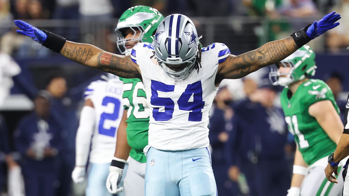 Nov 23, 2025; Arlington, Texas, USA; Dallas Cowboys defensive end Sam Williams (54) reacts after a play in the fourth quarter against the Philadelphia Eagles at AT&T Stadium.