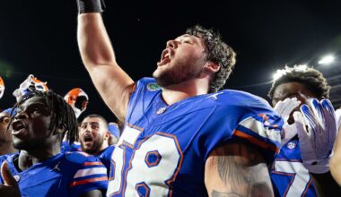Nov 16, 2024; Gainesville, Florida, USA; Florida Gators offensive lineman Austin Barber (58) cheers with Florida Gators running back Jadan Baugh (13) after a game against the LSU Tigers at Ben Hill Griffin Stadium.