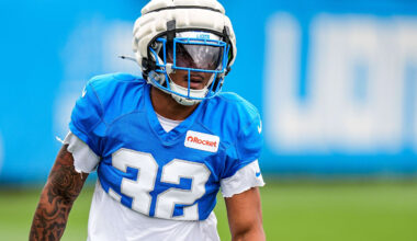 Detroit Lions safety Brian Branch (32) practices during training camp at Meijer Performance Center in Allen Park on Thursday, August 21, 2025.