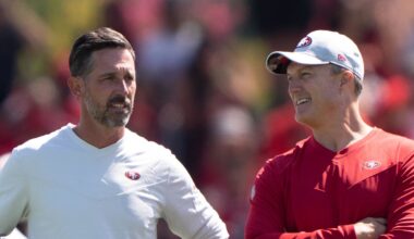 San Francisco 49ers head coach Kyle Shanahan (left) and general manager John Lynch (right)