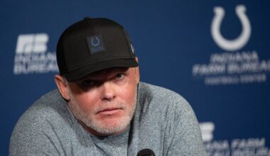 Indianapolis Colts general manager Chris Ballard speaks with the media