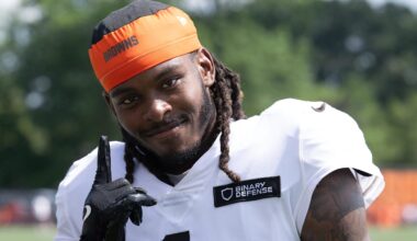 Jul 28, 2025; Berea, OH, USA; Cleveland Browns cornerback Martin Emerson Jr. (1) during training camp at CrossCountry Mortgage Campus.
