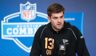 Feb 27, 2026; Indianapolis, IN, USA; LSU quarterback Garrett Nussmeier (QB13) speaks to members of the media during the NFL Combine at the Indiana Convention Center. Mandatory Credit: Jacob Musselman-Imagn Images