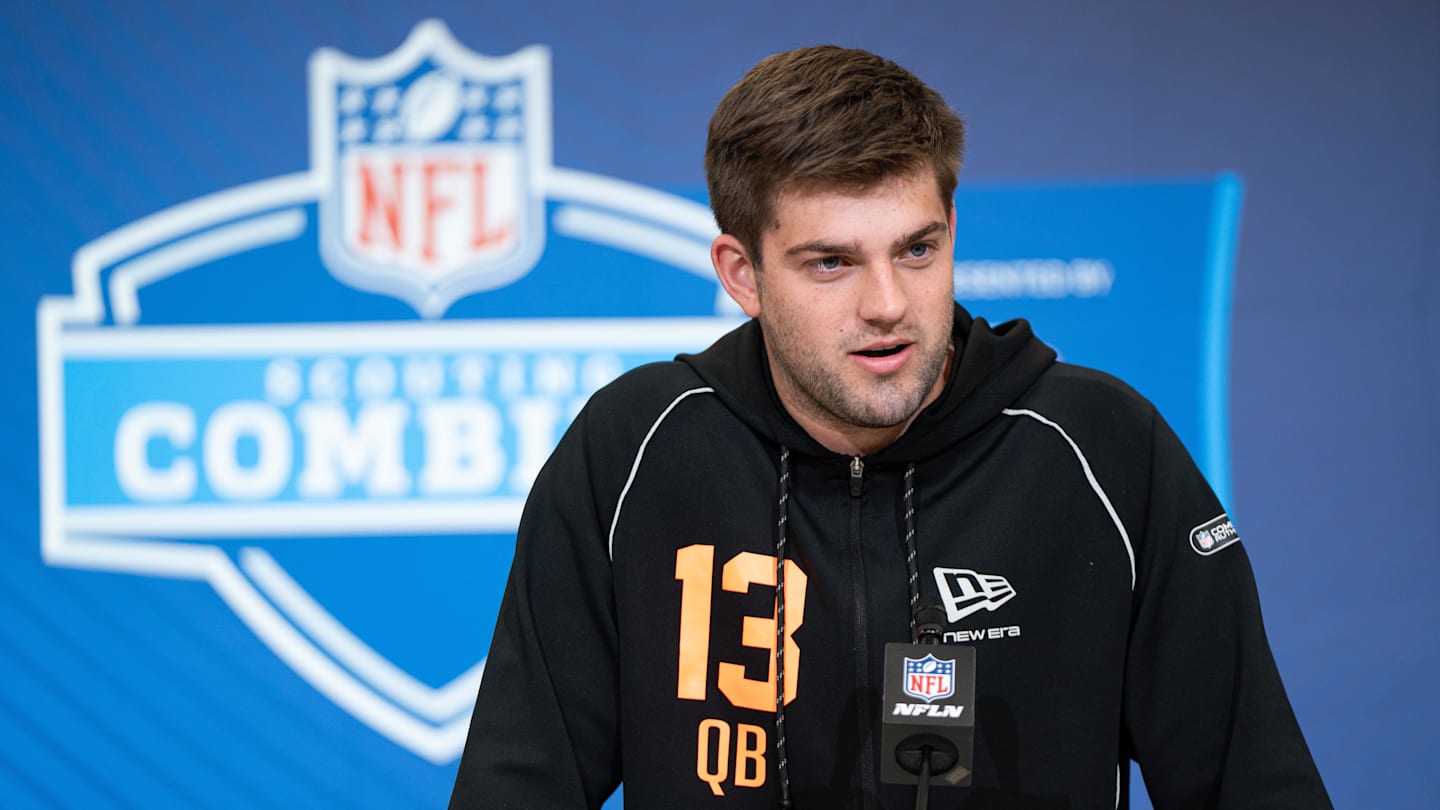 Feb 27, 2026; Indianapolis, IN, USA; LSU quarterback Garrett Nussmeier (QB13) speaks to members of the media during the NFL Combine at the Indiana Convention Center. Mandatory Credit: Jacob Musselman-Imagn Images
