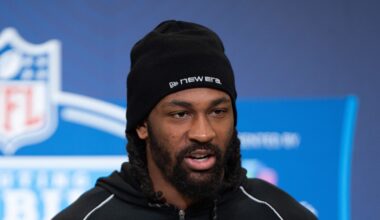 Omar Cooper Jr. speaks to members of the media during the NFL Combine