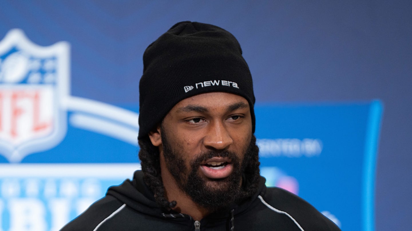 Omar Cooper Jr. speaks to members of the media during the NFL Combine