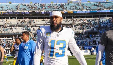 Nov 16, 2025; Jacksonville, Florida, USA; Los Angeles Chargers wide receiver Keenan Allen (13) walks to the locker room following a defeat to the Jacksonville Jaguars at EverBank Stadium. Mandatory Credit: Morgan Tencza-Imagn Images