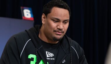 Miami offensive lineman Francis Mauigoa (OL34). Mandatory Credit: Jacob Musselman-Imagn Images