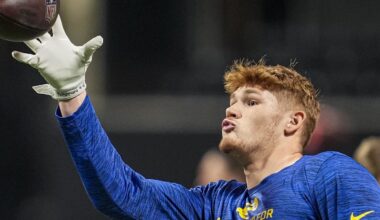 Los Angeles Rams tight end Terrance Ferguson (18). Mandatory Credit: Dale Zanine-Imagn Images