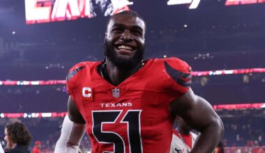 Nov 20, 2025; Houston, Texas, USA; Houston Texans defensive end Will Anderson Jr. (51) leaves the field after defeating the Buffalo Bills at NRG Stadium. Mandatory Credit: Troy Taormina-Imagn Images