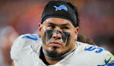 Oct 12, 2025; Kansas City, Missouri, USA; Detroit Lions defensive tackle Roy Lopez (51) reacts during the second half against the Kansas City Chiefs at GEHA Field at Arrowhead Stadium.