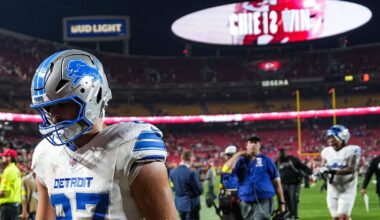 Detroit Lions tight end Sam LaPorta (87) walks off the field after 30-13 loss to Kansas City Chiefs at Arrowhead Stadium in Kansas City, Missouri on Sunday, Oct. 12, 2025.