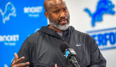 Detroit Lions Executive Vice President & General Manager Brad Holmes speaks to the press about their season, how it ended and what’s next at the Detroit Lions headquarters and training facility in Allen Park, Mich., Thursday, Jan. 23, 2025.