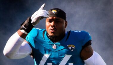 Jacksonville Jaguars defensive end Travon Walker (44) enters the stadium before an NFL football game at EverBank Stadium, Sunday, Dec. 14, 2025, in Jacksonville, Fla.