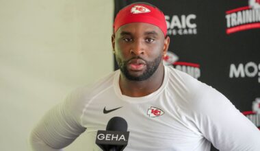 Kansas City Chiefs defensive end Felix Anudike-Uzomah (97) speaks to the media after training camp at Missouri Western State University.