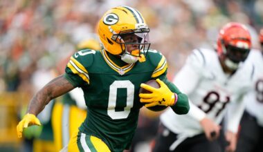 Oct 12, 2025; Green Bay, Wisconsin, USA; Green Bay Packers wide receiver Matthew Golden (0) runs with the ball during the first quarter against the Cincinnati Bengals at Lambeau Field. Mandatory Credit: Kayla Wolf-Imagn Images