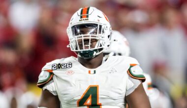 Jan 19, 2026; Miami Gardens, FL, USA; Miami Hurricanes defensive lineman Rueben Bain Jr. (4) against the Indiana Hoosiers during the College Football Playoff National Championship game at Hard Rock Stadium. Mandatory Credit: Mark J. Rebilas-Imagn Images