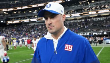 Dec 28, 2025; Paradise, Nevada, USA; New York Giants head coach Mike Kafka leaves the field after the game against the Las Vegas Raiders at Allegiant Stadium. Mandatory Credit: Kirby Lee-Imagn Images