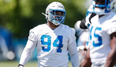 Detroit Lions defensive lineman Mekhi Wingo (94) practices during OTAs at Detroit Lions headquarters and practice facility in Allen Park on Tuesday, June 11, 2024.