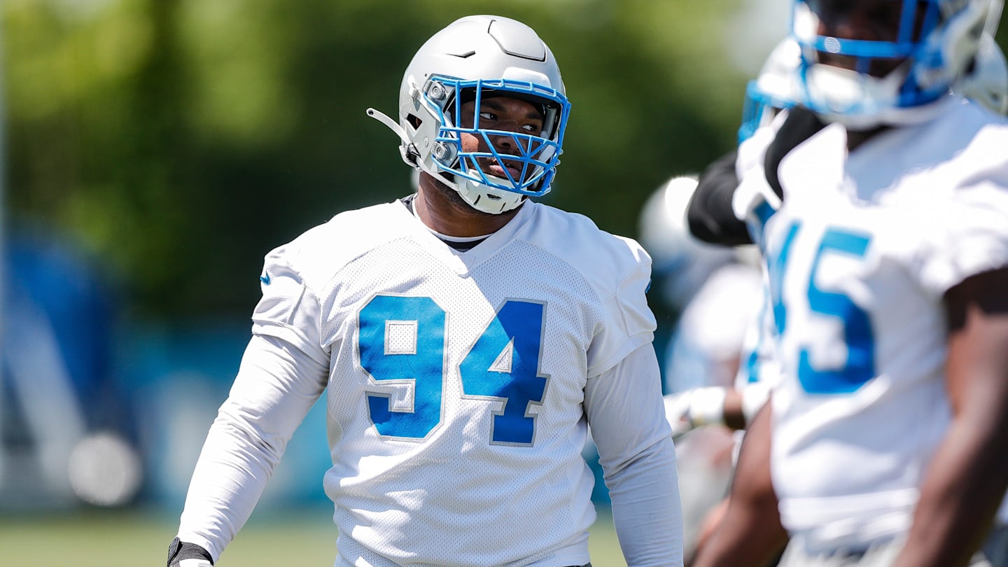 Detroit Lions defensive lineman Mekhi Wingo (94) practices during OTAs at Detroit Lions headquarters and practice facility in Allen Park on Tuesday, June 11, 2024.