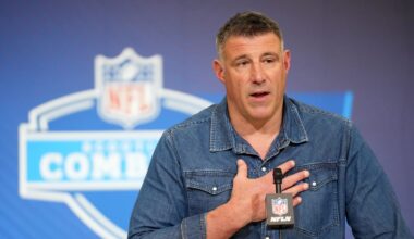 Feb 25, 2026; Indianapolis, IN, USA; New England Patriots coach Mike Vrabel speaks during the NFL Scouting Combine at the Indiana Convention Center. Mandatory Credit: Kirby Lee-Imagn Images