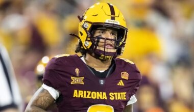 Nov 28, 2025; Tempe, Arizona, USA; Arizona State Sun Devils wide receiver Jordyn Tyson (0) against the Arizona Wildcats in the first half during the 99th Territorial Cup at Mountain America Stadium. Mandatory Credit: Mark J. Rebilas-Imagn Images