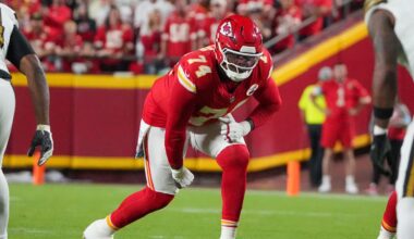 Oct 7, 2024; Kansas City, Missouri, USA; Kansas City Chiefs offensive tackle Jawaan Taylor (74) lines up against the New Orleans Saints during the game at GEHA Field at Arrowhead Stadium. Mandatory Credit: Denny Medley-Imagn Images