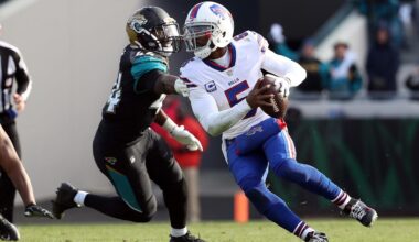 Jan 7, 2018; Jacksonville, FL, USA; Jacksonville Jaguars outside linebacker Myles Jack (44) sacks Buffalo Bills quarterback Tyrod Taylor (5) during the second half of the AFC Wild Card playoff football game at Everbank Field. Jacksonville Jaguars defeated the Buffalo Bills 10-3. Mandatory Credit: Kim Klement-Imagn Images