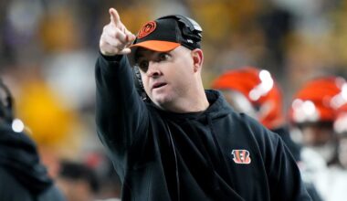 Cincinnati Bengals head coach Zac Taylor reacts to a replay of a play in the end zone in the second quarter during a Week 16 NFL football game between the Cincinnati Bengals and the Pittsburgh Steelers, Saturday, Dec. 23, 2023, at Acrisure Stadium in Pittsburgh, Pa.