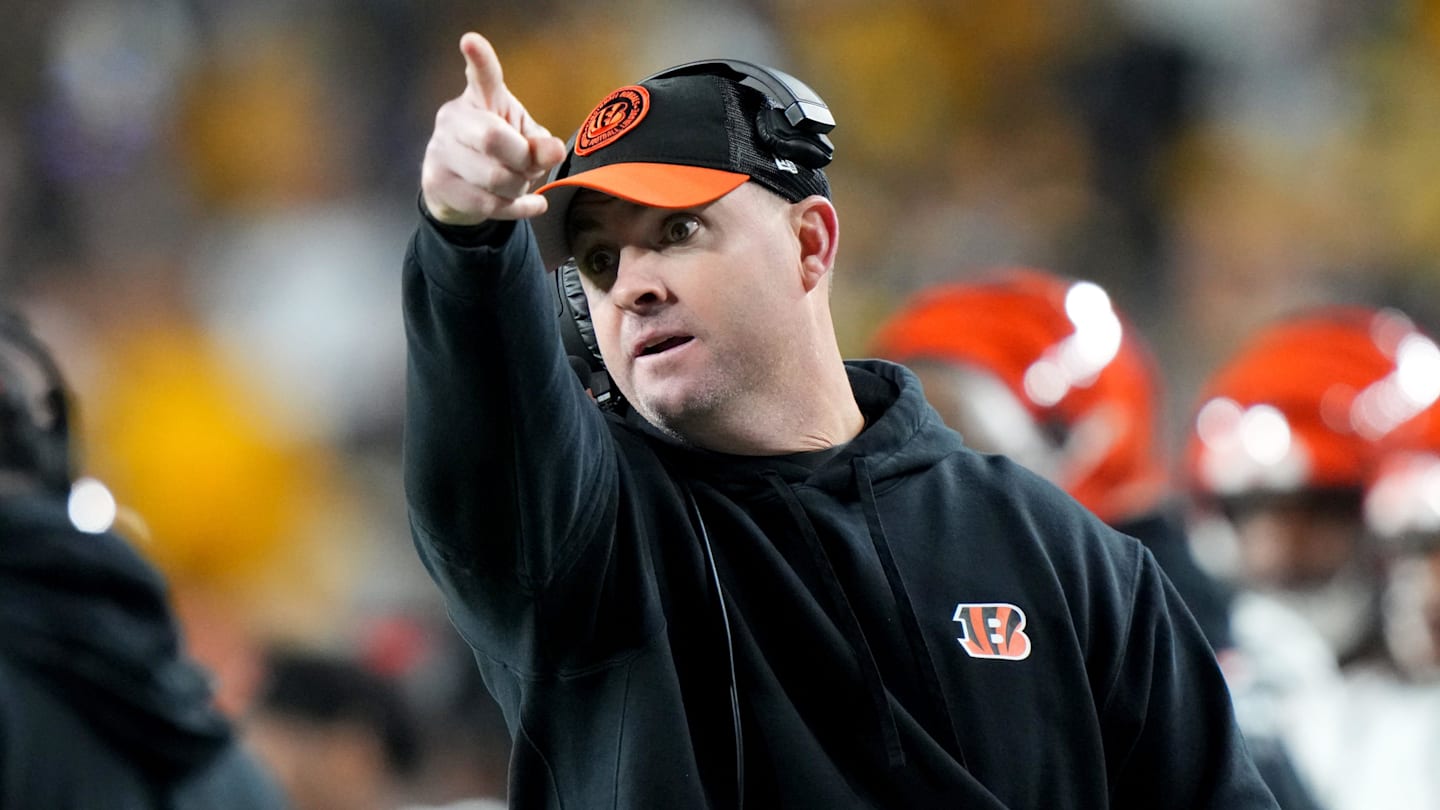 Cincinnati Bengals head coach Zac Taylor reacts to a replay of a play in the end zone in the second quarter during a Week 16 NFL football game between the Cincinnati Bengals and the Pittsburgh Steelers, Saturday, Dec. 23, 2023, at Acrisure Stadium in Pittsburgh, Pa.