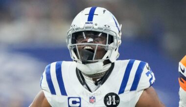 Indianapolis Colts cornerback Kenny Moore II (23) reacts after taking down Denver Broncos wide receiver Troy Franklin (11) on Sunday, Sept. 14, 2025, during a game at Lucas Oil Stadium in Indianapolis.