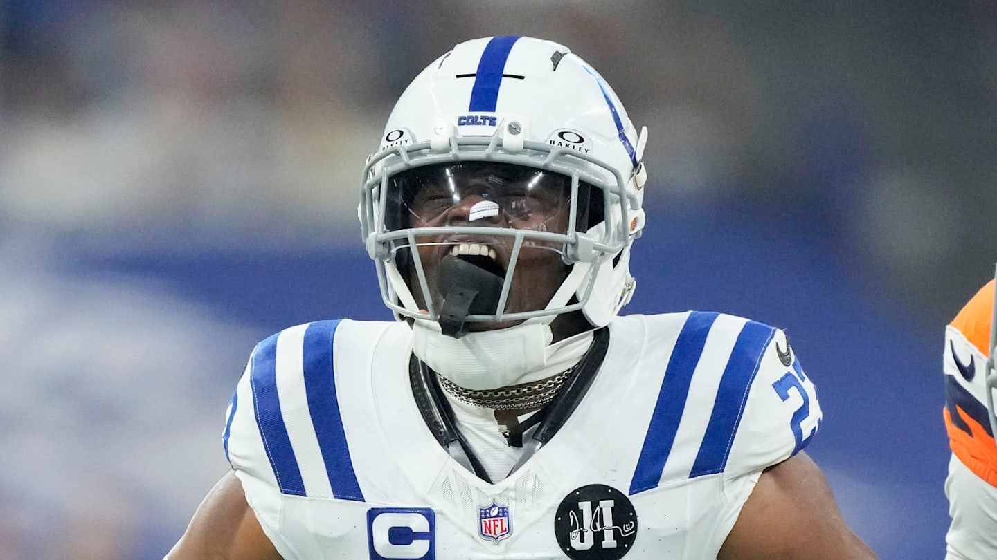 Indianapolis Colts cornerback Kenny Moore II (23) reacts after taking down Denver Broncos wide receiver Troy Franklin (11) on Sunday, Sept. 14, 2025, during a game at Lucas Oil Stadium in Indianapolis.