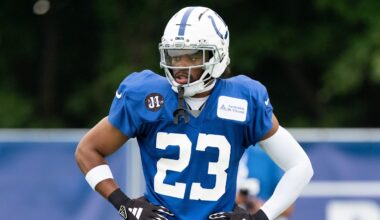 Indianapolis Colts cornerback Kenny Moore II (23) waits for a one-on-one Monday, July 28, 2025, during training camp held at Grand Park in Westfield.