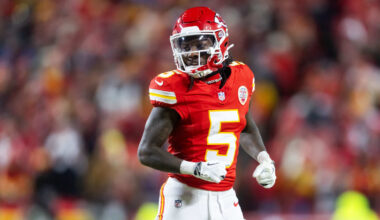 Jan 26, 2025; Kansas City, MO, USA; Kansas City Chiefs wide receiver Hollywood Brown (5) against the Buffalo Bills in the AFC Championship game at GEHA Field at Arrowhead Stadium. Mandatory Credit: Mark J. Rebilas-Imagn Images