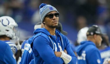 Indianapolis Colts quarterback Anthony Richardson (5) watches the action on the field from the sideline Sunday, Dec. 28, 2025, during a game against the Jacksonville Jaguars at Lucas Oil Stadium in Indianapolis.