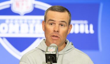 Feb 27, 2024; Indianapolis, IN, USA; Buffalo Bills general manager Brandon Beane talks to the media at the 2024 NFL Combine at Indiana Convention Center. Mandatory Credit: Trevor Ruszkowski-Imagn Images