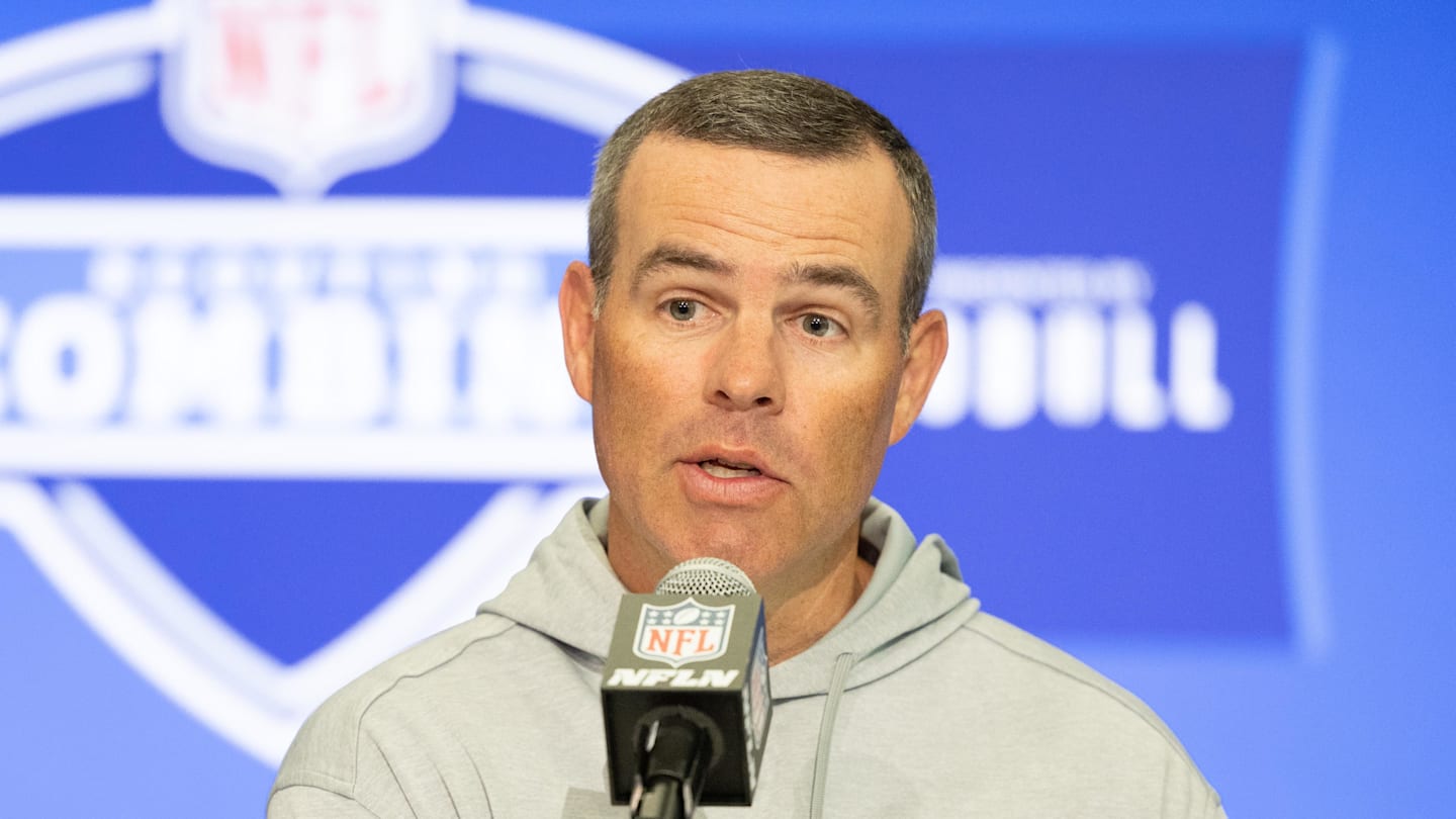 Feb 27, 2024; Indianapolis, IN, USA; Buffalo Bills general manager Brandon Beane talks to the media at the 2024 NFL Combine at Indiana Convention Center. Mandatory Credit: Trevor Ruszkowski-Imagn Images