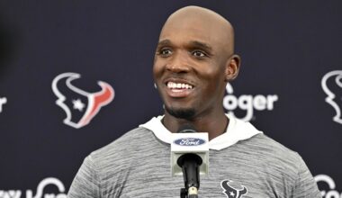 Jun 10, 2025; Houston, TX, USA; Houston Texans head coach DeMeco Ryans speaks during a press conference after an NFL football minicamp at NRG Stadium. Mandatory Credit: Maria Lysaker-Imagn Images