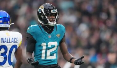 Oct 19, 2025; London, United Kingdom; Jacksonville Jaguars wide receiver Travis Hunter (12) reacts after a play against the Los Angeles Rams during the second half of an NFL International Series game at Wembley Stadium.