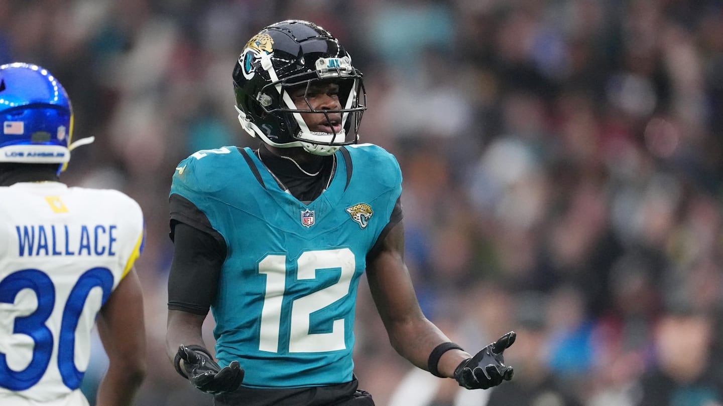 Oct 19, 2025; London, United Kingdom; Jacksonville Jaguars wide receiver Travis Hunter (12) reacts after a play against the Los Angeles Rams during the second half of an NFL International Series game at Wembley Stadium.